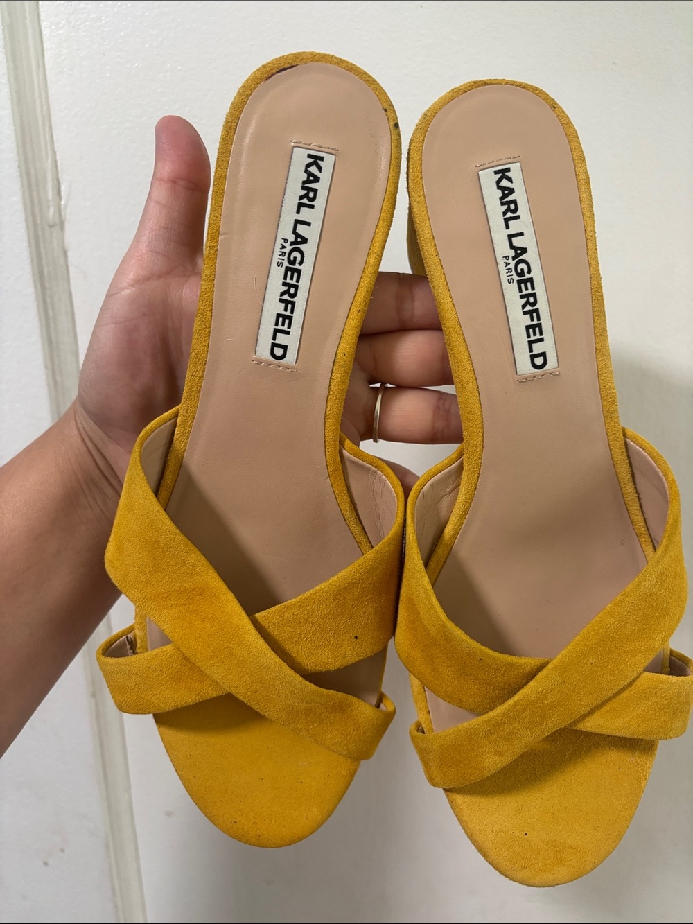 Karl Lagerfeld Yellow Suede Crisscross Slide Mules
